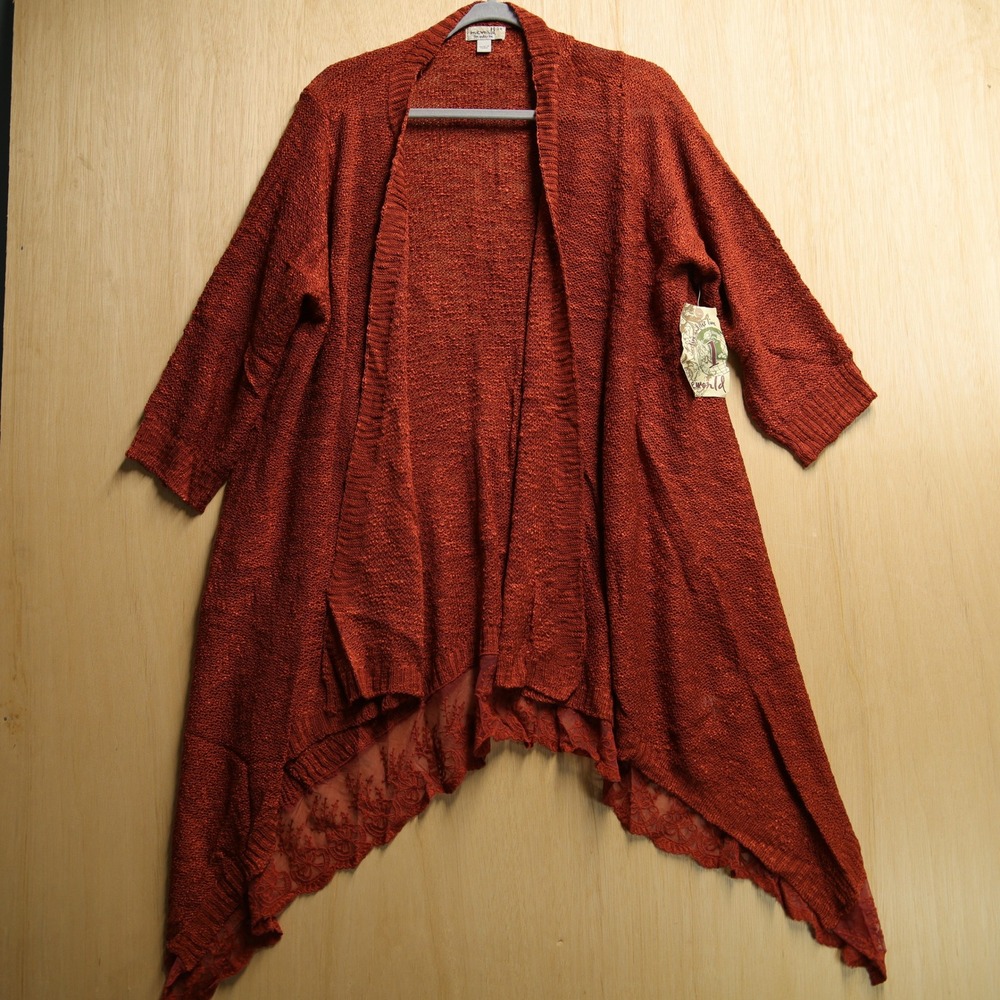 One World Rust Orange Lace Trim Open Front Sharkbite Cardigan 2X NEW